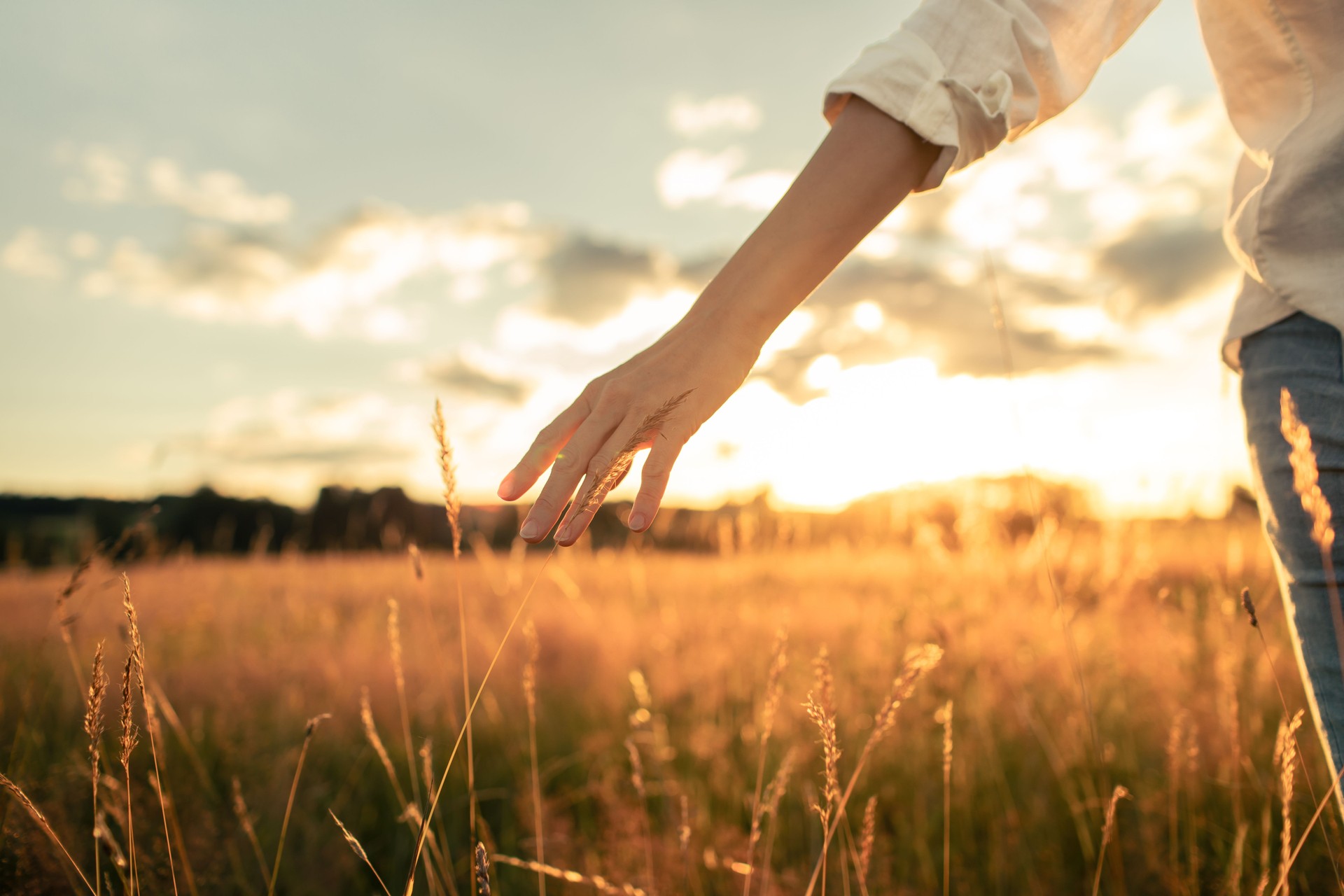A girl touches the grass while walking in the meadow.